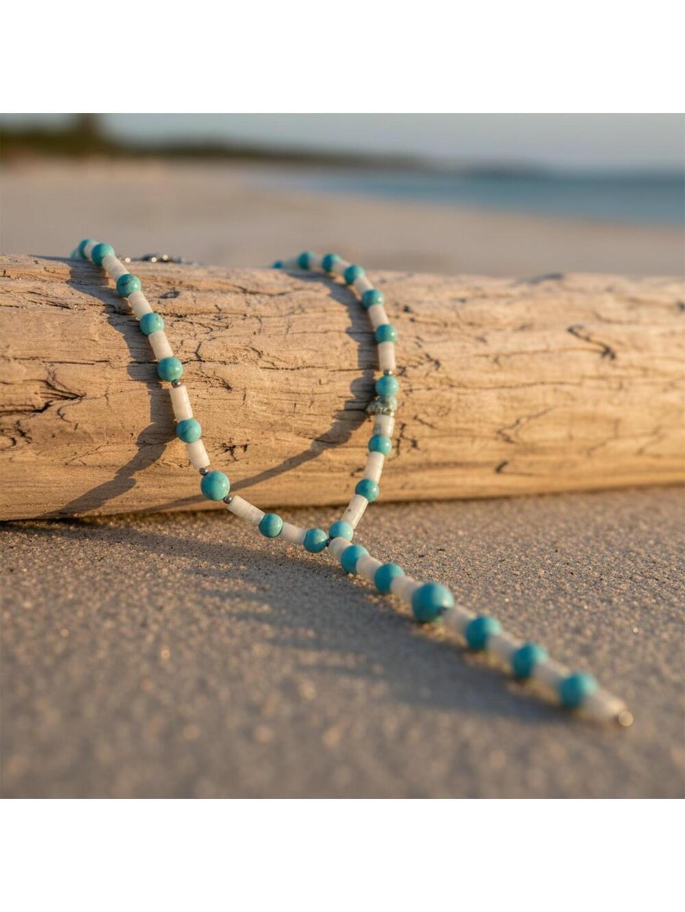 Coastal Caribbean Larimar & MOP White Shell Heishi Lariat Necklace 20 - 22" - Picture 5 of 9